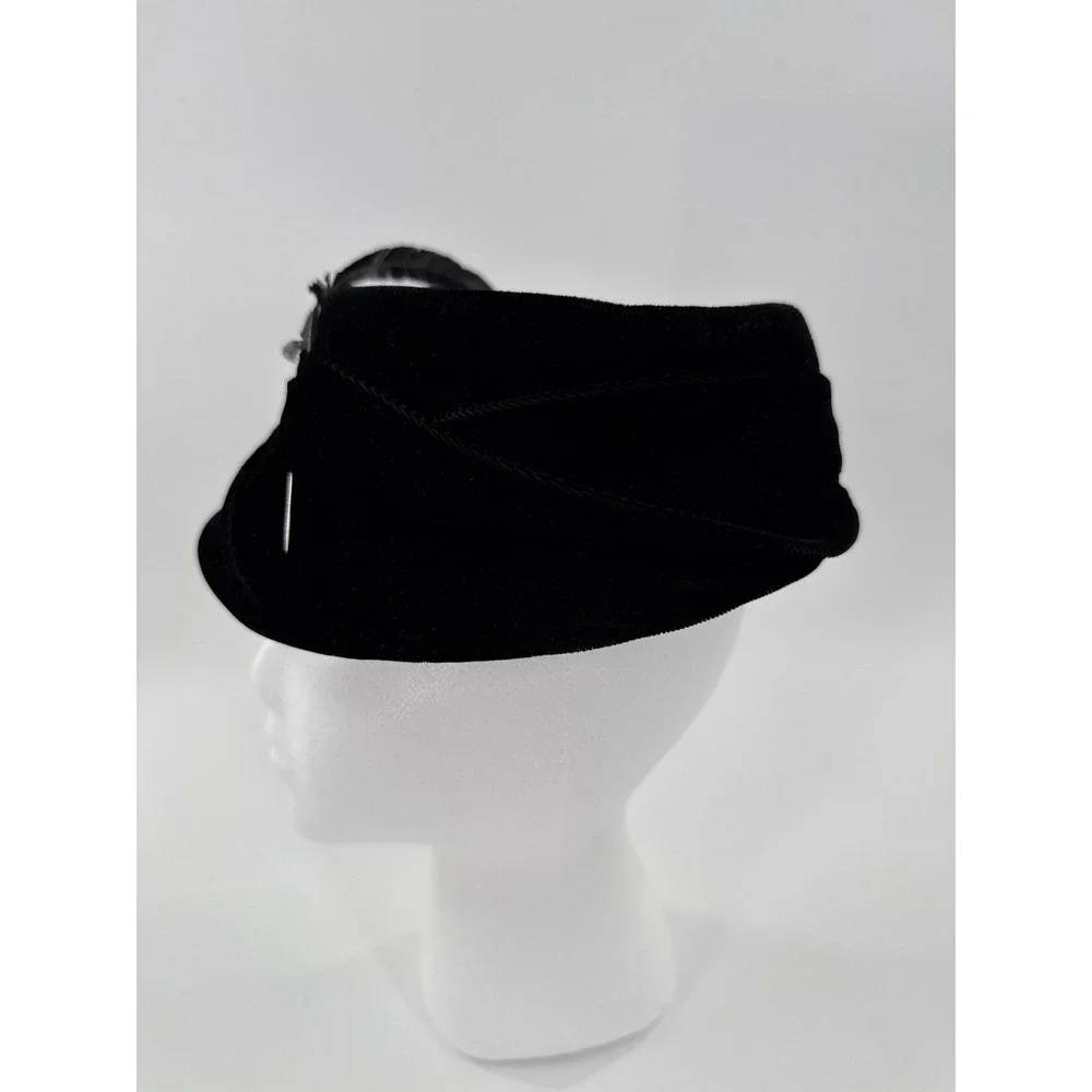 Pillbox Hat Women Black Velvet Feather Rhinestone‎ Pin Vintage